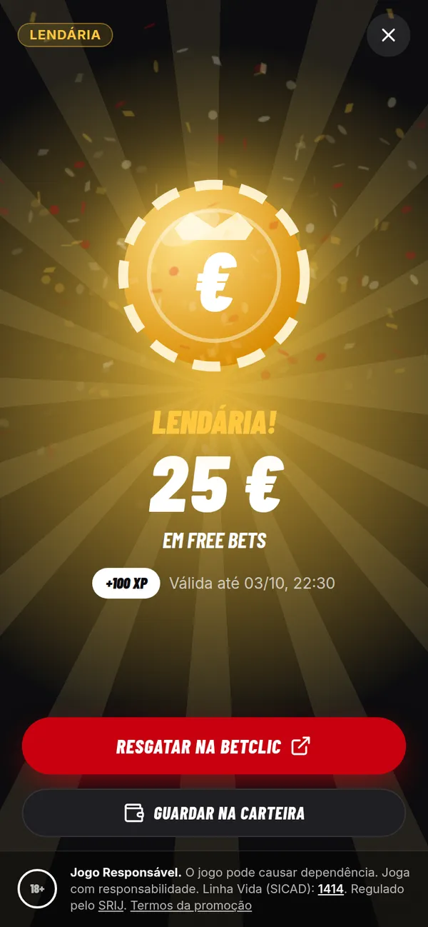 Ecrã de free bet lendária de 25 € capturada, com o botão para resgatar na Betclic