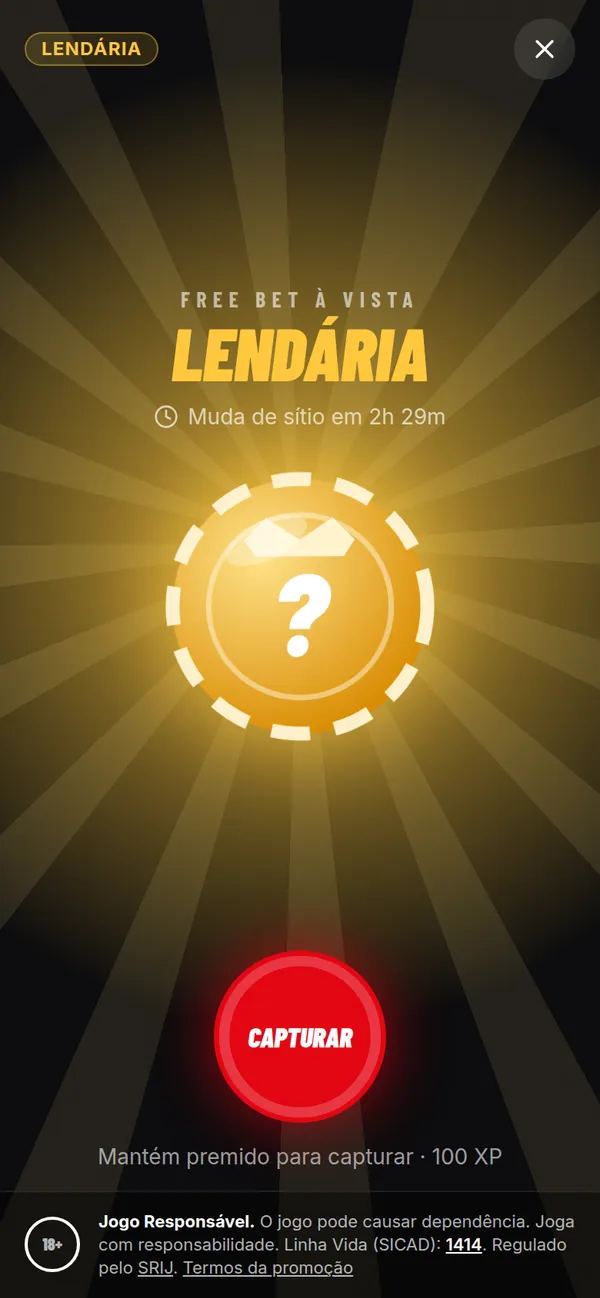 Ecrã de uma free bet lendária à vista, pronta a capturar