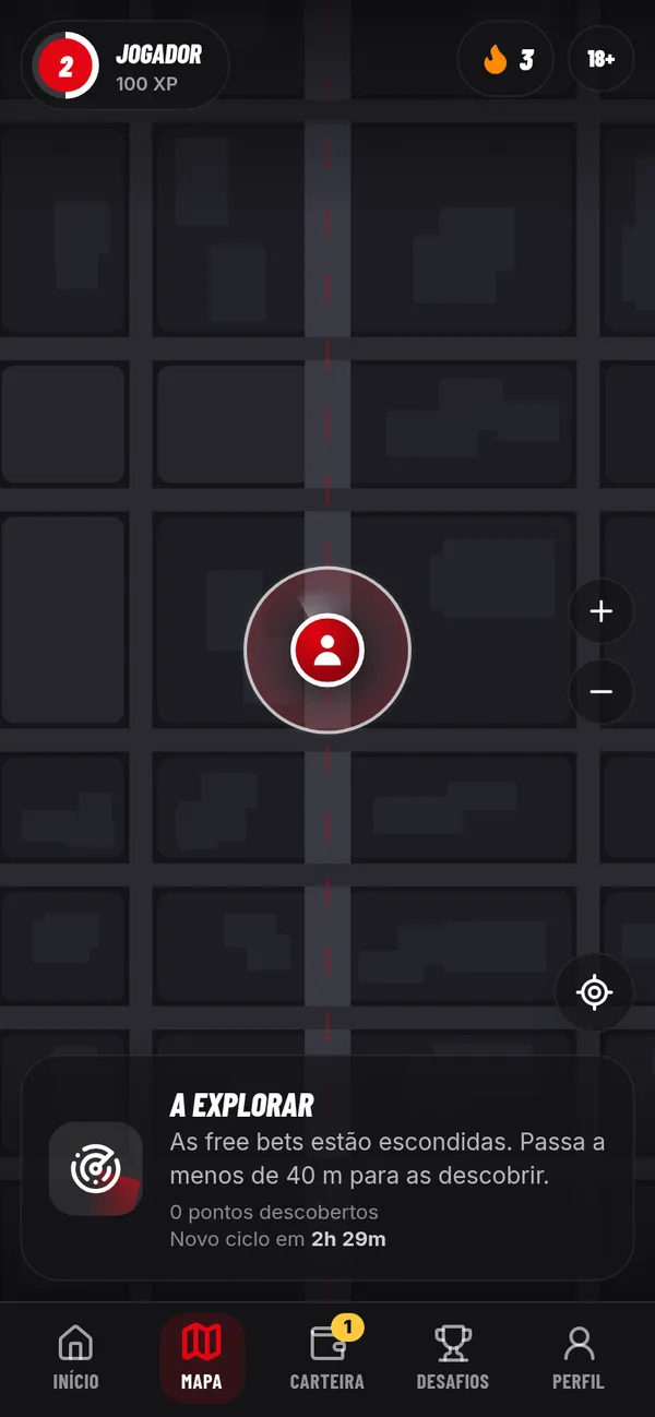 Ecrã do mapa com o radar a explorar