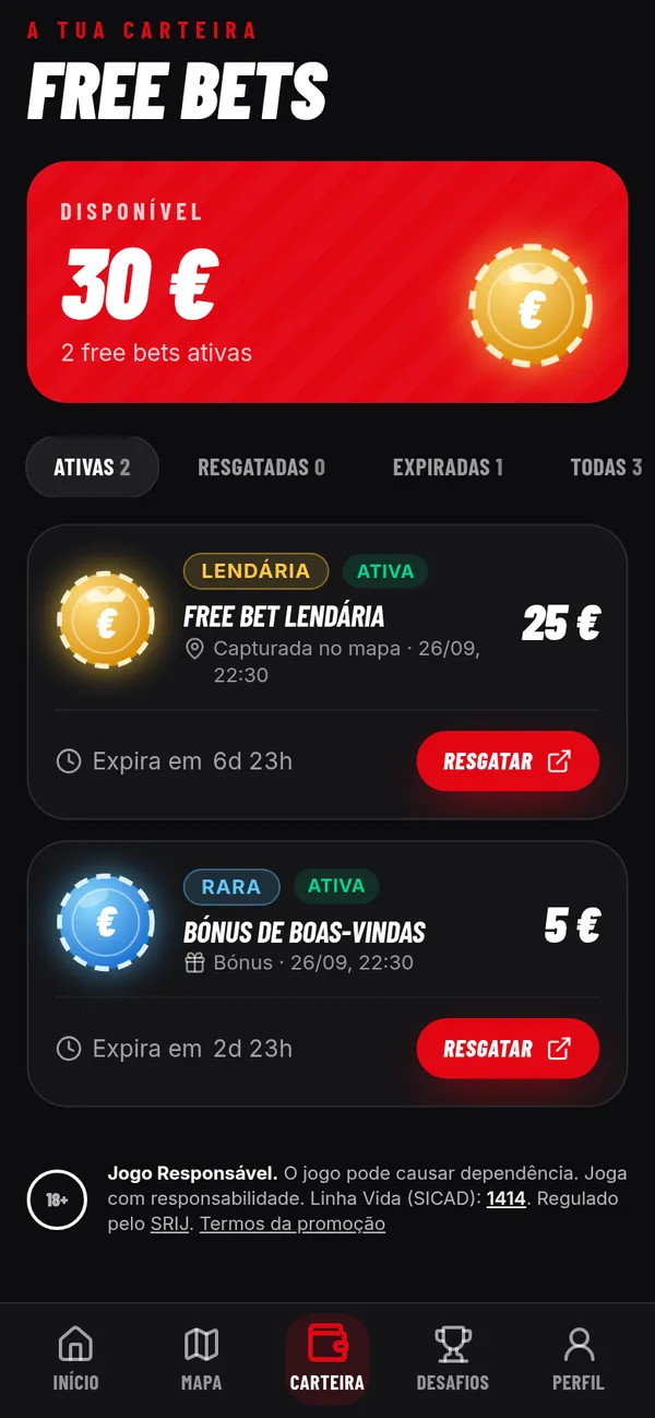Carteira com as free bets apanhadas